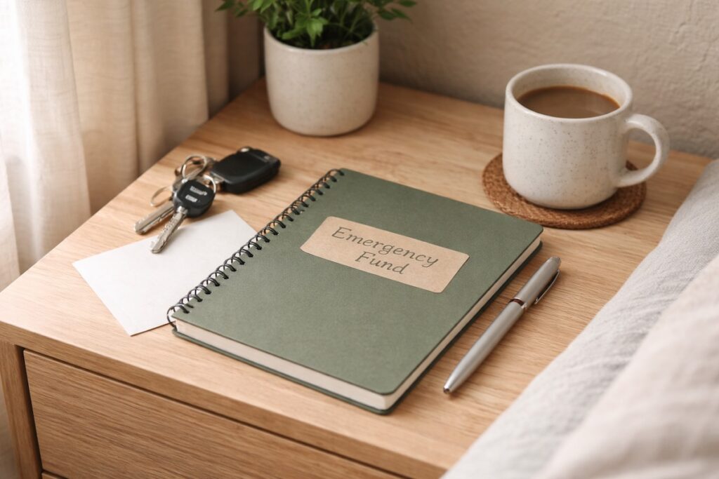 Calm bedroom nightstand with soft natural light and personal items, illustrating why an emergency fund often gets delayed in real life.