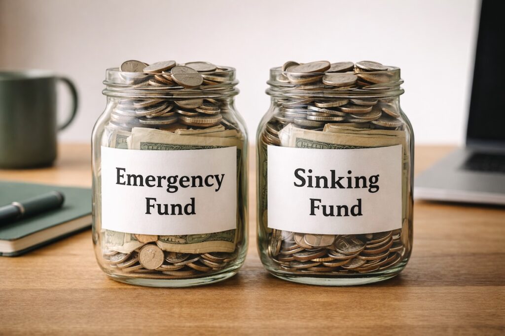 Two labeled glass jars titled “Emergency Fund” and “Sinking Fund” filled with folded cash at the bottom and coins on top, illustrating the structural difference between emergency and sinking funds.