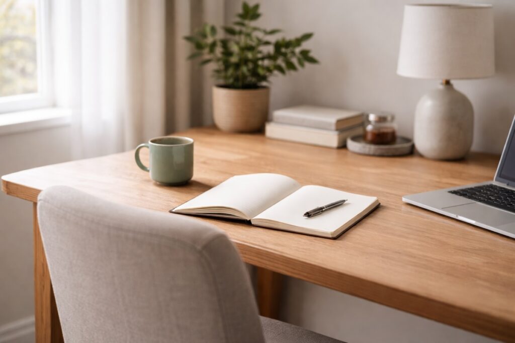 Minimalist wooden desk with open notebook, pen, laptop, and green mug in soft morning light, illustrating how to decide how much emergency fund you need and plan finances calmly.