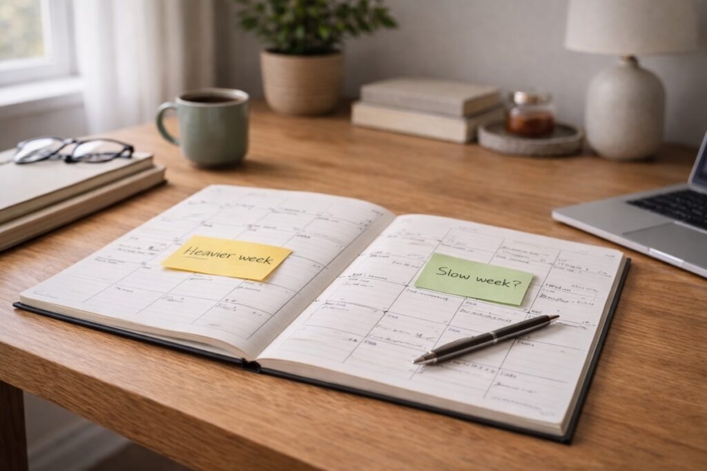 Open monthly planner on wooden desk with light and heavy markings across different weeks, illustrating income volatility and uneven work schedules.