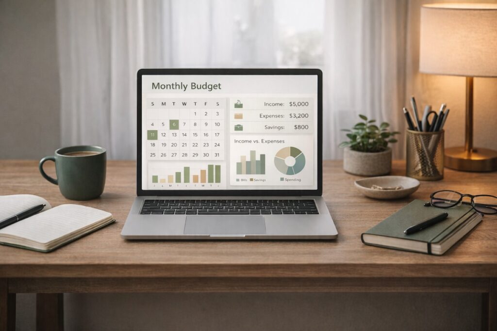 Minimal home office workspace with a calendar and budget charts, illustrating monthly budget visibility and why budgets fail when they require daily attention.