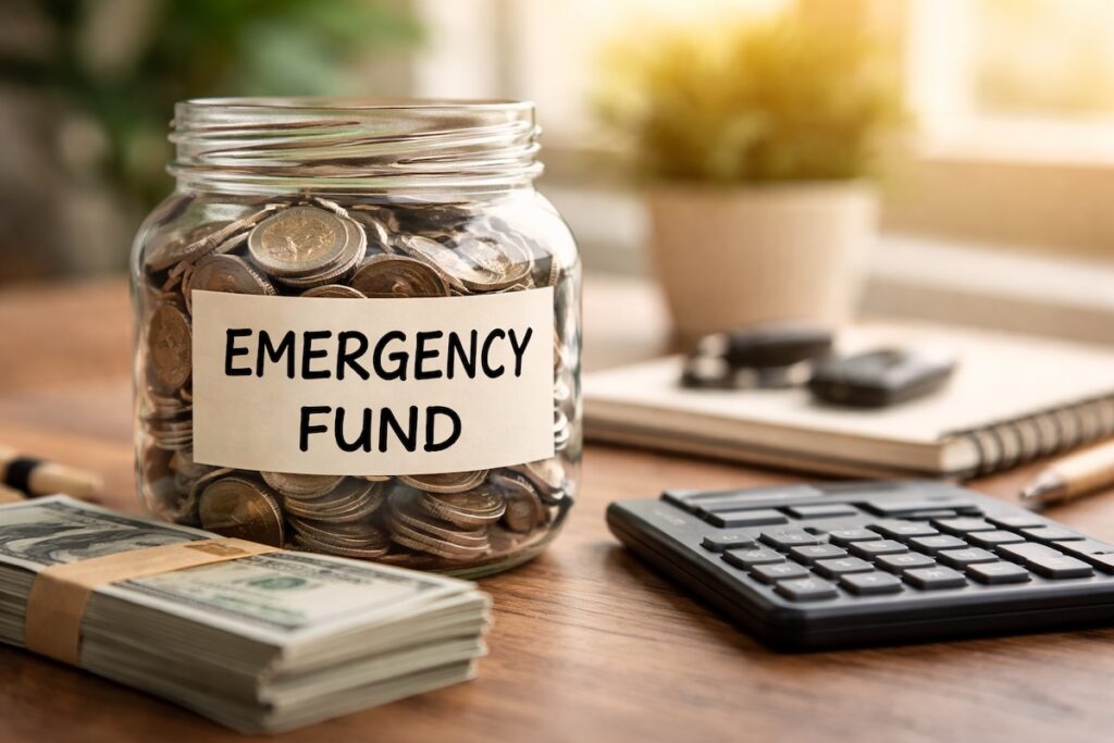 A clean wooden desk with a simple notebook, pen, and coffee mug in soft natural light, illustrating the purpose of an emergency fund and helping readers understand financial stability.