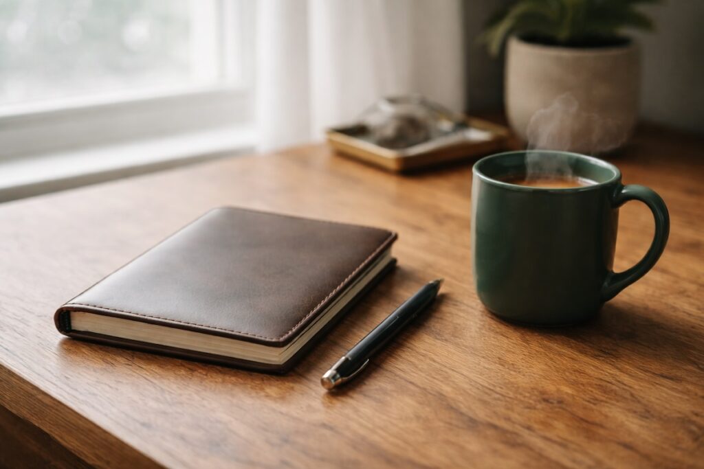 A closed leather notebook and green coffee mug on a clean desk, illustrating what budgeting is supposed to do by providing clarity instead of constant control.