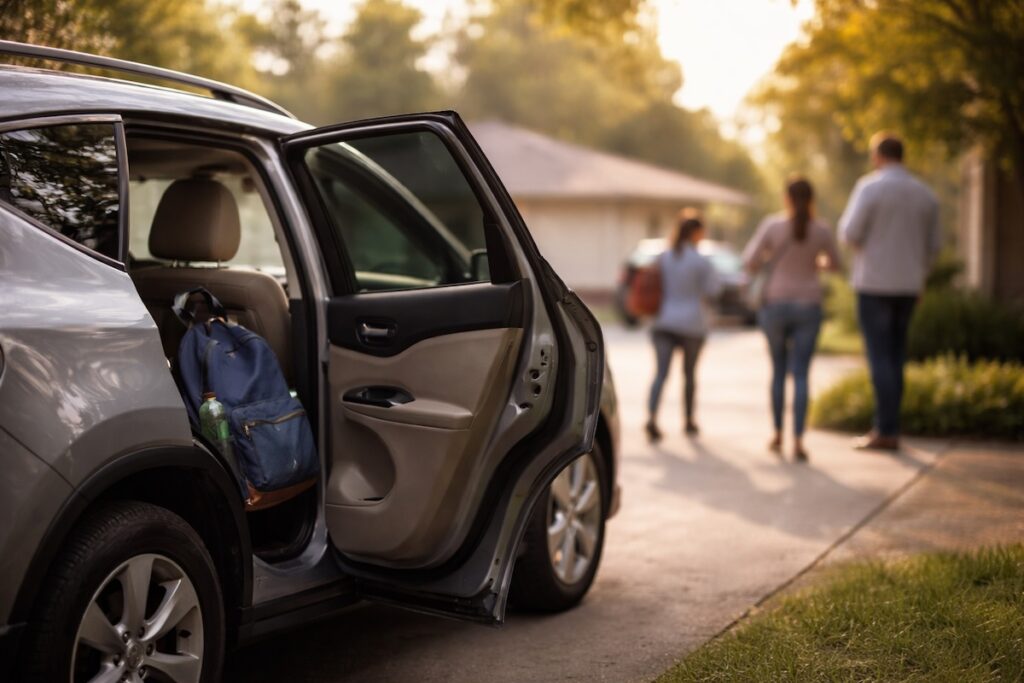 Open car door with a backpack on the seat while a family walks away in soft focus, illustrating how much emergency fund you need when others depend on your income.