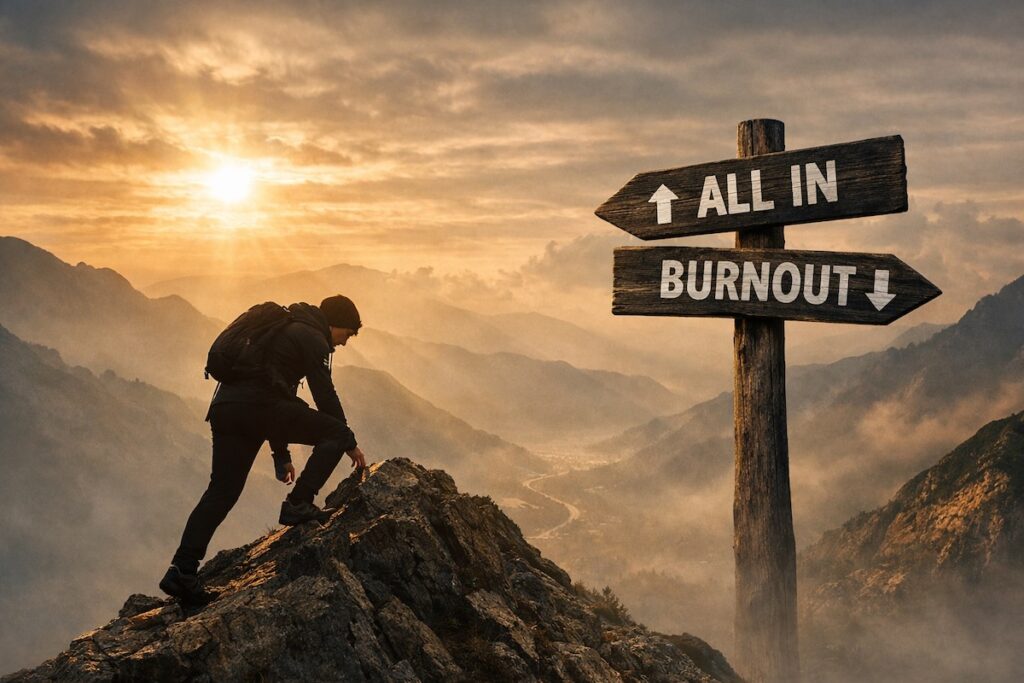 A calm, minimalist workspace with subtle signs of accumulated effort, illustrating why doing more eventually makes things harder and how intensity increases mental and physical load over time.