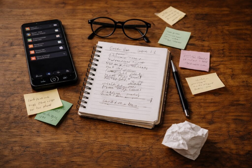 A cluttered wooden desk with notebooks, loose papers, and everyday items under soft natural light, illustrating why doing more eventually makes things harder by increasing mental load and daily attention demands.