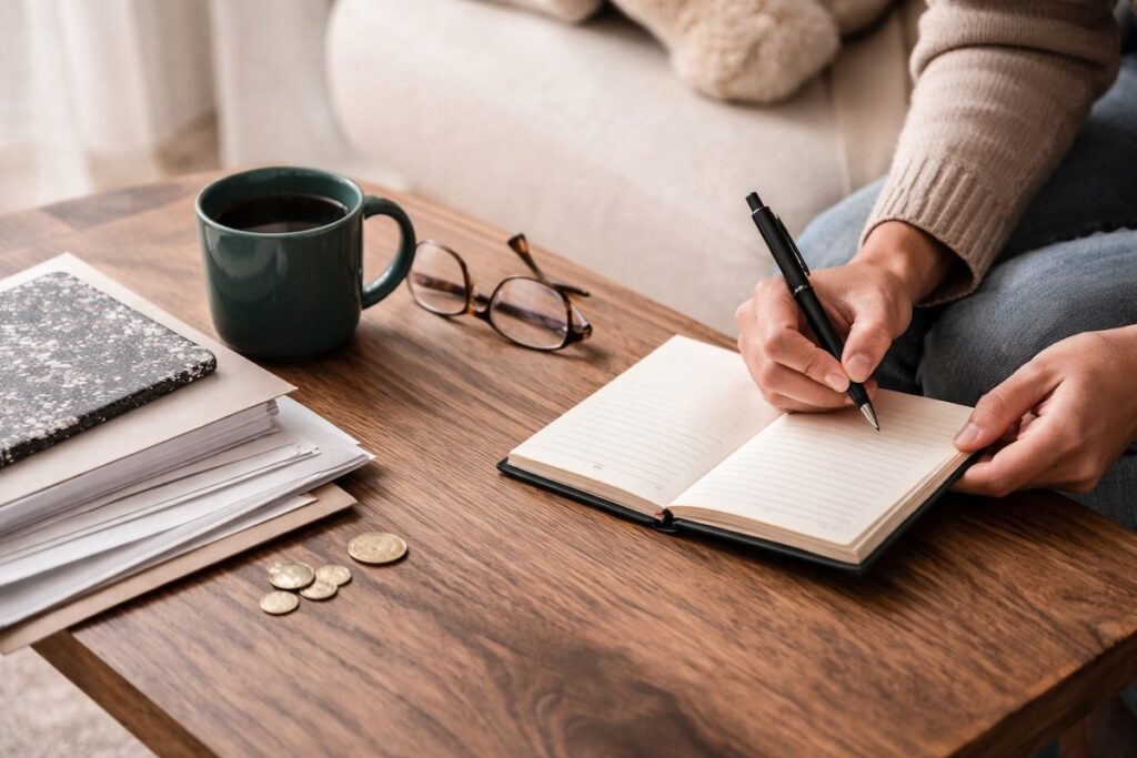 Overhead view of a person sitting at a small table with a properly oriented journal and neatly arranged bills in soft natural light, illustrating the quiet hesitation that keeps an emergency fund from being built.
