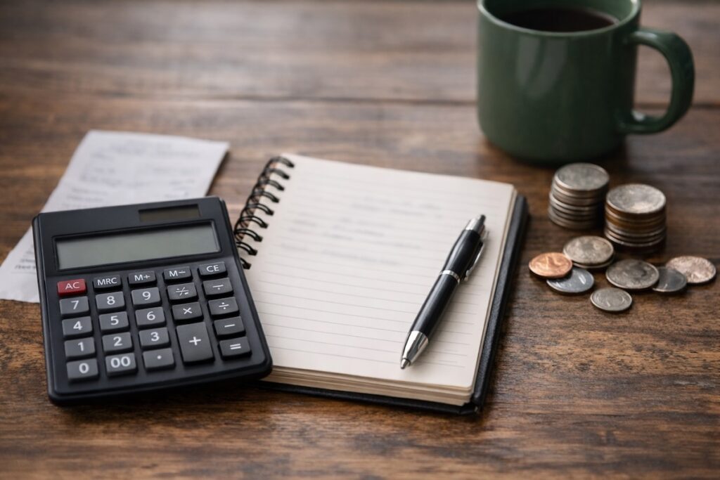 A simple budgeting workspace with a calculator, notebook, and softly blurred receipt on a wooden desk, illustrating why over-specific budget categories break down and create friction.