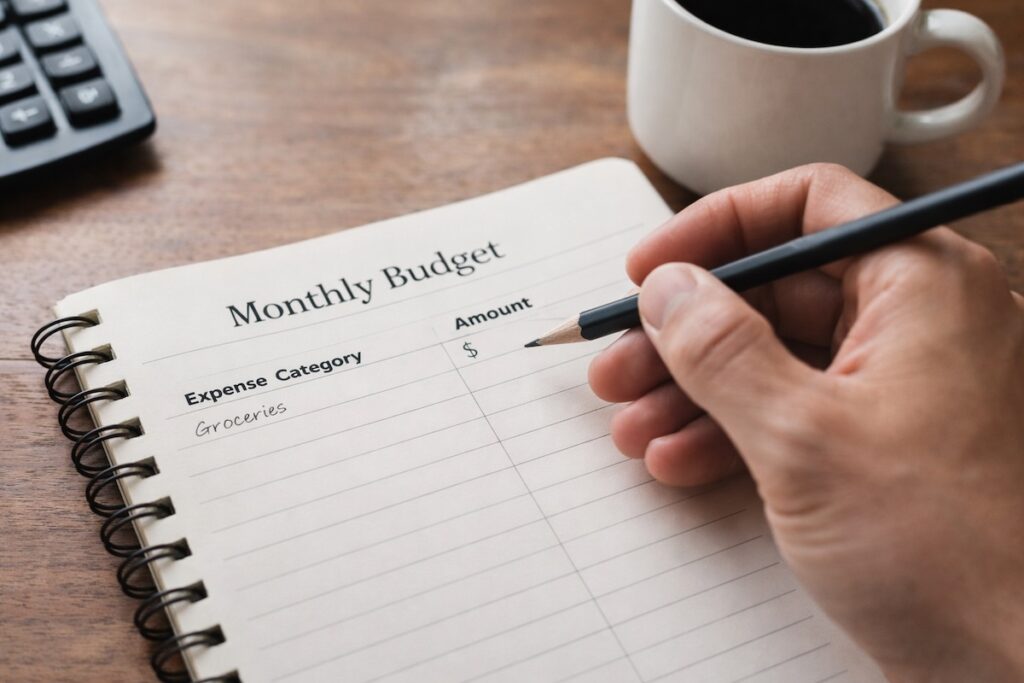 A cluttered budgeting workspace with receipts and notes, illustrating how over-specific budget categories increase mental load and make budgets fragile over time.