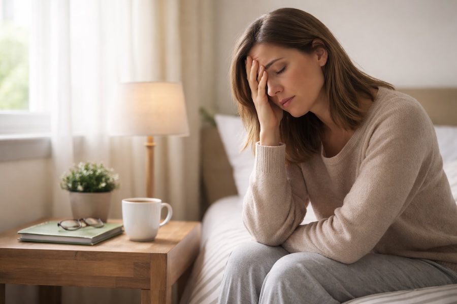 A tired woman sitting on the edge of a bed with her head resting in her hand in soft morning light, illustrating mental fatigue vs physical fatigue and helping readers understand why they still feel exhausted after sleeping.