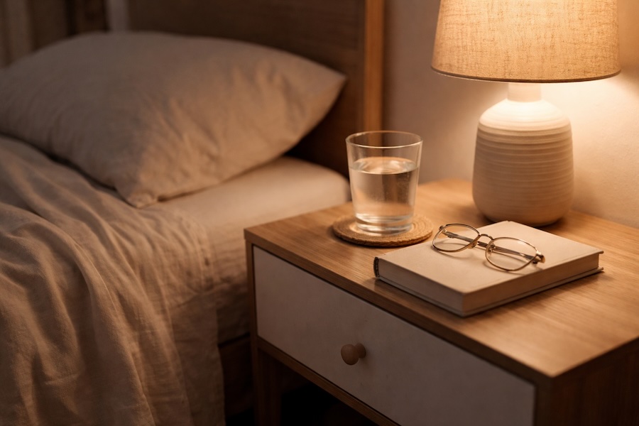 A minimalist bedside table with a notebook, glasses, water, and soft lamp light beside a bed, illustrating why you feel still tired after sleeping and how recovery differs from sleep