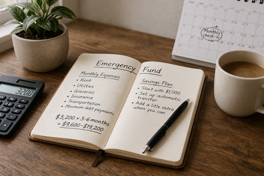 calm, minimal workspace illustrating the best place to keep your emergency fund by focusing on stability, accessibility, and simplicity in your savings system.