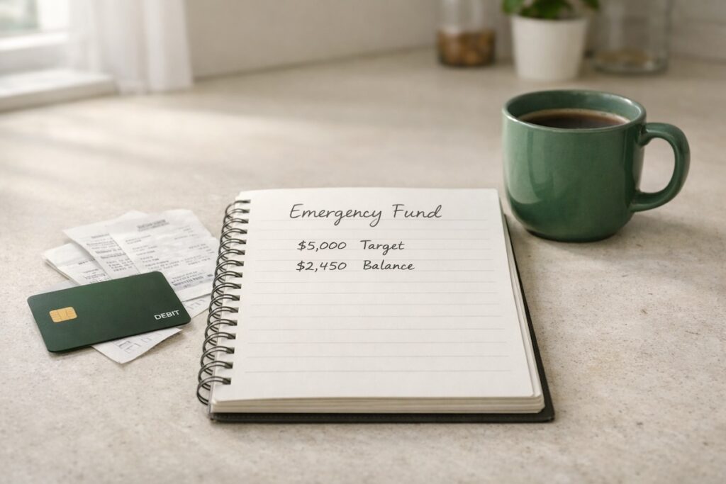 Open notebook with handwritten emergency fund plan, calendar and coffee on desk, illustrating how to calculate and organize your emergency fund
