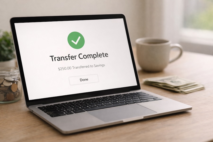 Laptop screen showing a “transfer complete” message in a banking app, illustrating how to rebuild your emergency fund and helping readers stay consistent with saving money