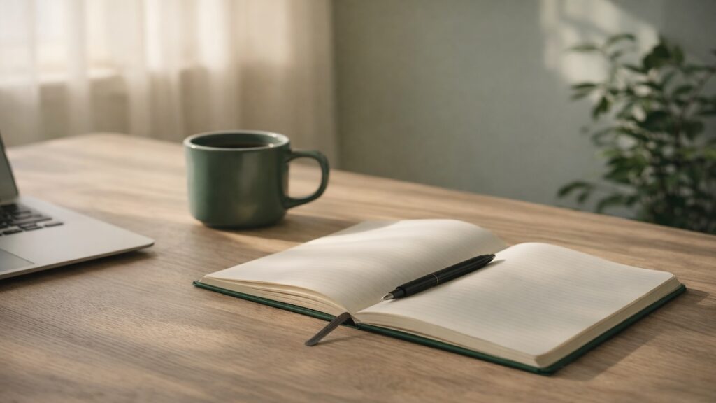 A clean desk with a notebook in soft natural light, illustrating tips for rebuilding your emergency fund and helping readers create calm, simple money habits.