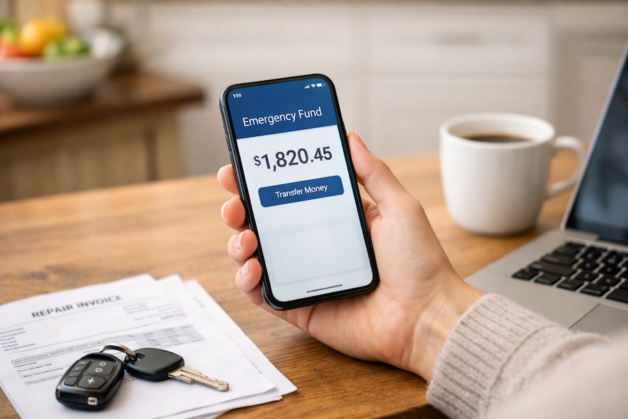 Person using a smartphone to manage an emergency fund, illustrating how to use an emergency fund simply and with confidence