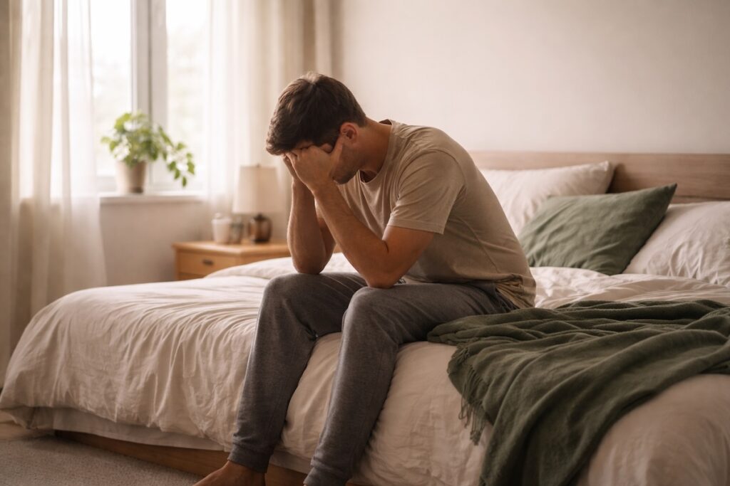 Man showing mental vs physical exhaustion in two contrasting scenes, illustrating how to recover from fatigue and helping readers feel rested again