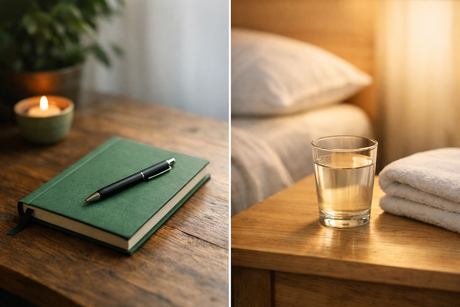 Split image showing a person mentally fatigued at a desk and physically fatigued after exercise, illustrating why you never feel rested even after sleep