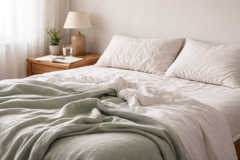 A softly lit bedroom with a slightly messy bed and morning light coming through the window, illustrating the difference between sleep and true recovery and why you may still feel tired after resting