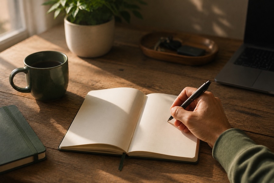 Hand writing in a notebook beside a forest-green mug on a wooden desk, illustrating ways to stay consistent with your energy through simple grounding routines and calmer daily structure.