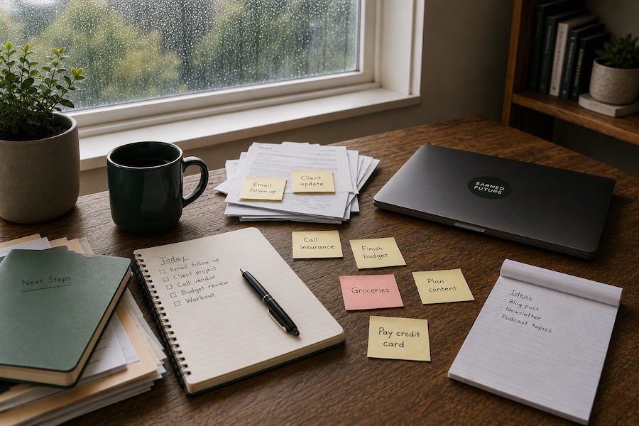 Sticky notes, unfinished tasks, and scattered papers on a desk beside a closed laptop, illustrating why people avoid important things and helping readers understand how responsibilities can stay mentally open over time.