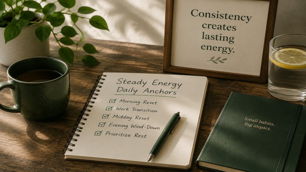 A green apple, lemon water, and a teal water bottle on a clean light countertop in soft morning light, illustrating ways to stay consistent with your energy and helping readers build steady healthy routines.