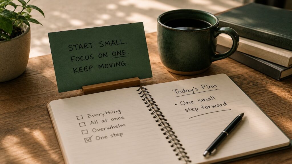 Person looking at a large to-do list while focusing on a single next step, illustrating how to start moving again when everything feels overwhelming.