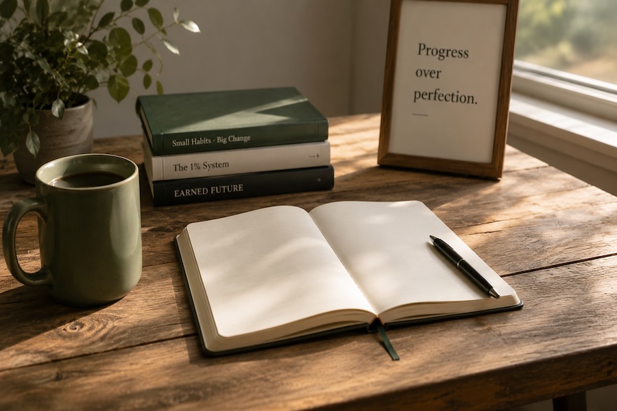 Open notebook and coffee mug on a wooden desk in morning sunlight, illustrating why motivation feels powerful and helping readers understand the shift from motivation to consistency.