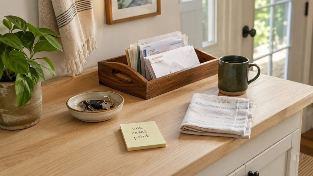 Organized entryway counter with sorted mail, keys, folded towel, green mug, and a note reading one reset point, illustrating how to keep life from piling up with small home reset habits.