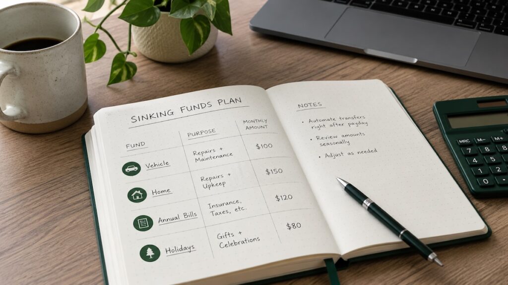 Open notebook showing a simple sinking funds plan with categories, purposes, and monthly amounts beside a calculator, coffee mug, laptop, and plant.