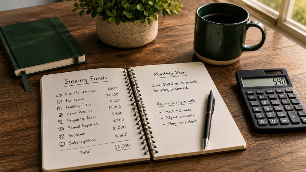 Open notebook listing sinking fund categories and a monthly savings plan beside a calculator, coffee mug, and plant.