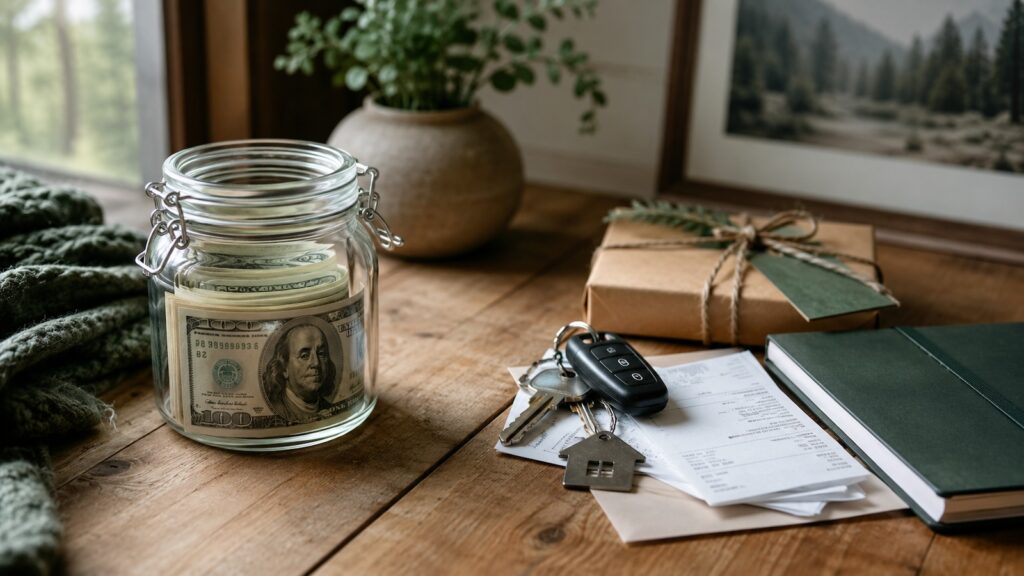A glass jar of cash beside car keys, receipts, a wrapped gift, and a green notebook on a wooden desk, illustrating emergency fund vs sinking funds and helping readers understand how savings can have different jobs.