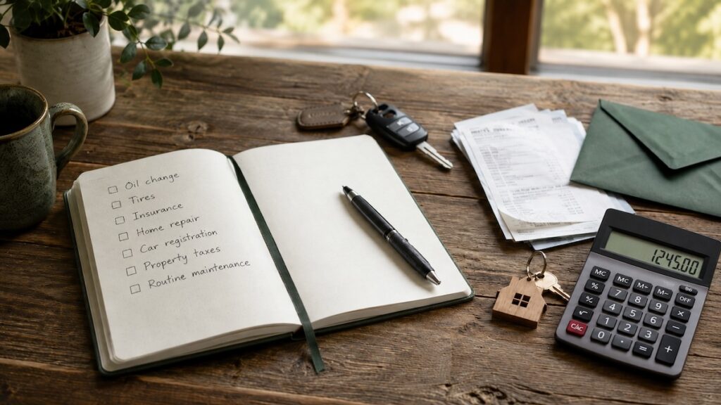 An open notebook listing oil change, tires, insurance, home repair, car registration, property taxes, and routine maintenance on a wooden desk, illustrating predictable expenses and helping readers understand why expected costs can still feel stressful.