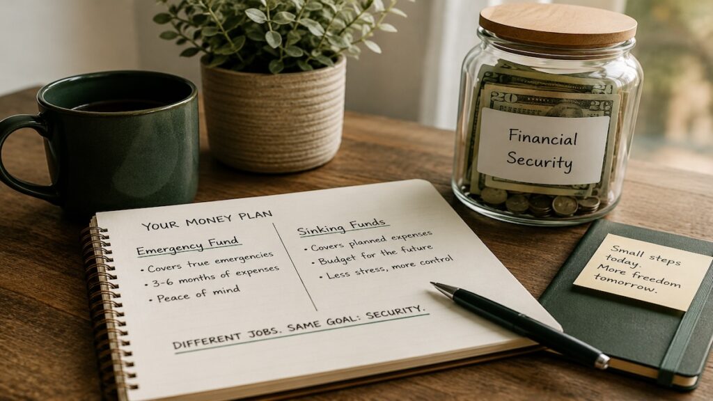 An open notebook comparing an emergency fund and sinking funds beside a savings jar, green mug, and pen on a wooden desk, illustrating emergency fund vs sinking funds and helping readers understand how savings can have different jobs.