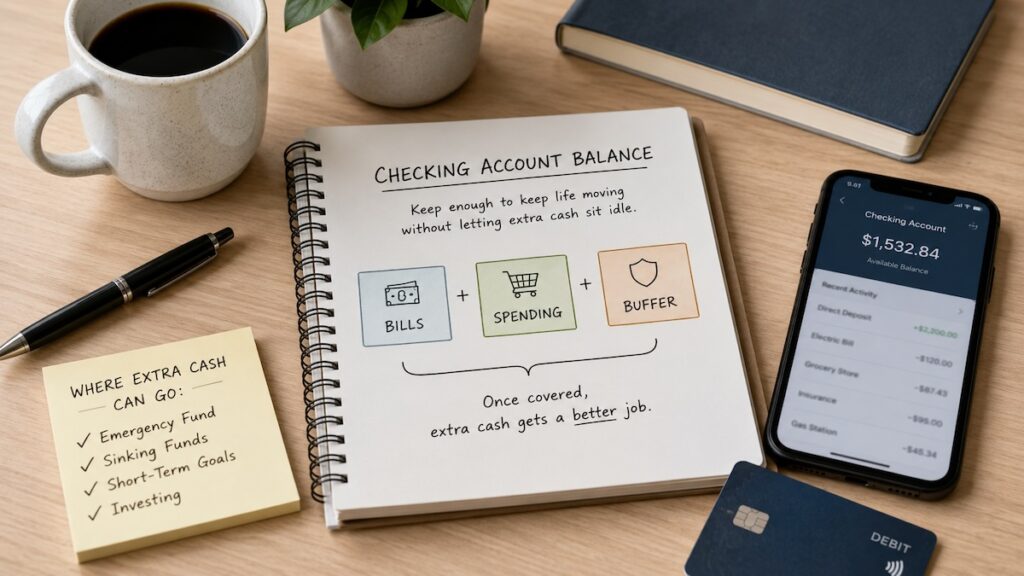 Notebook showing a checking account balance plan for bills, spending, and buffer, with extra cash directed toward savings goals, sinking funds, and investing.