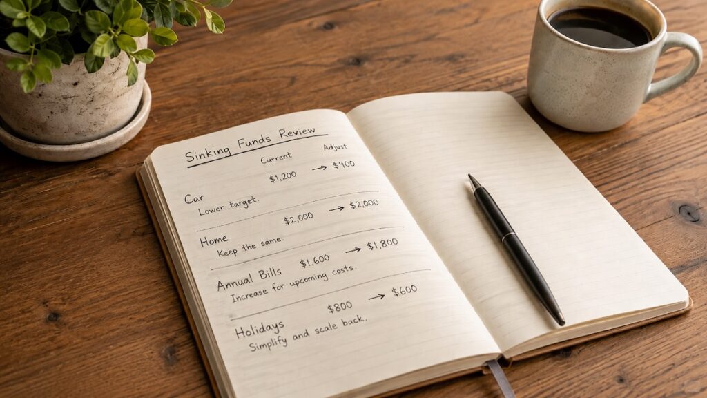 Open notebook showing a sinking funds review with current and adjusted amounts, illustrating how to keep sinking funds simple as expenses and priorities change.