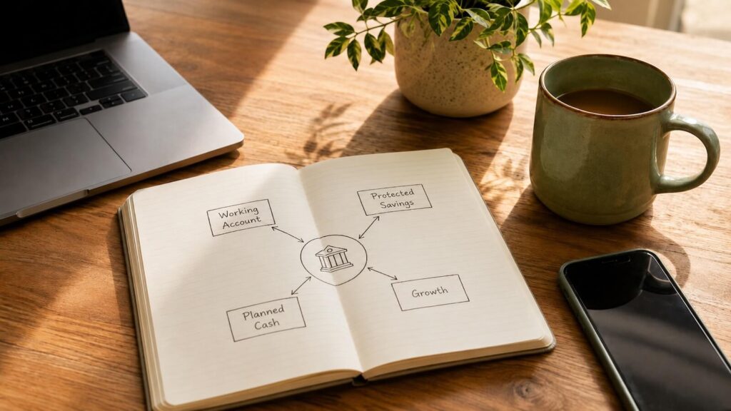 Open notebook showing bank account roles for working account, protected savings, planned cash, and growth on a wooden desk.