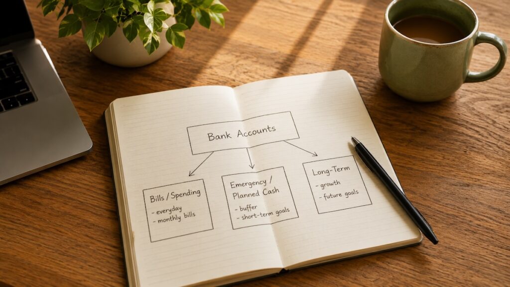 Open notebook showing how to organize bank accounts into bills and spending, emergency and planned cash, and long-term growth.